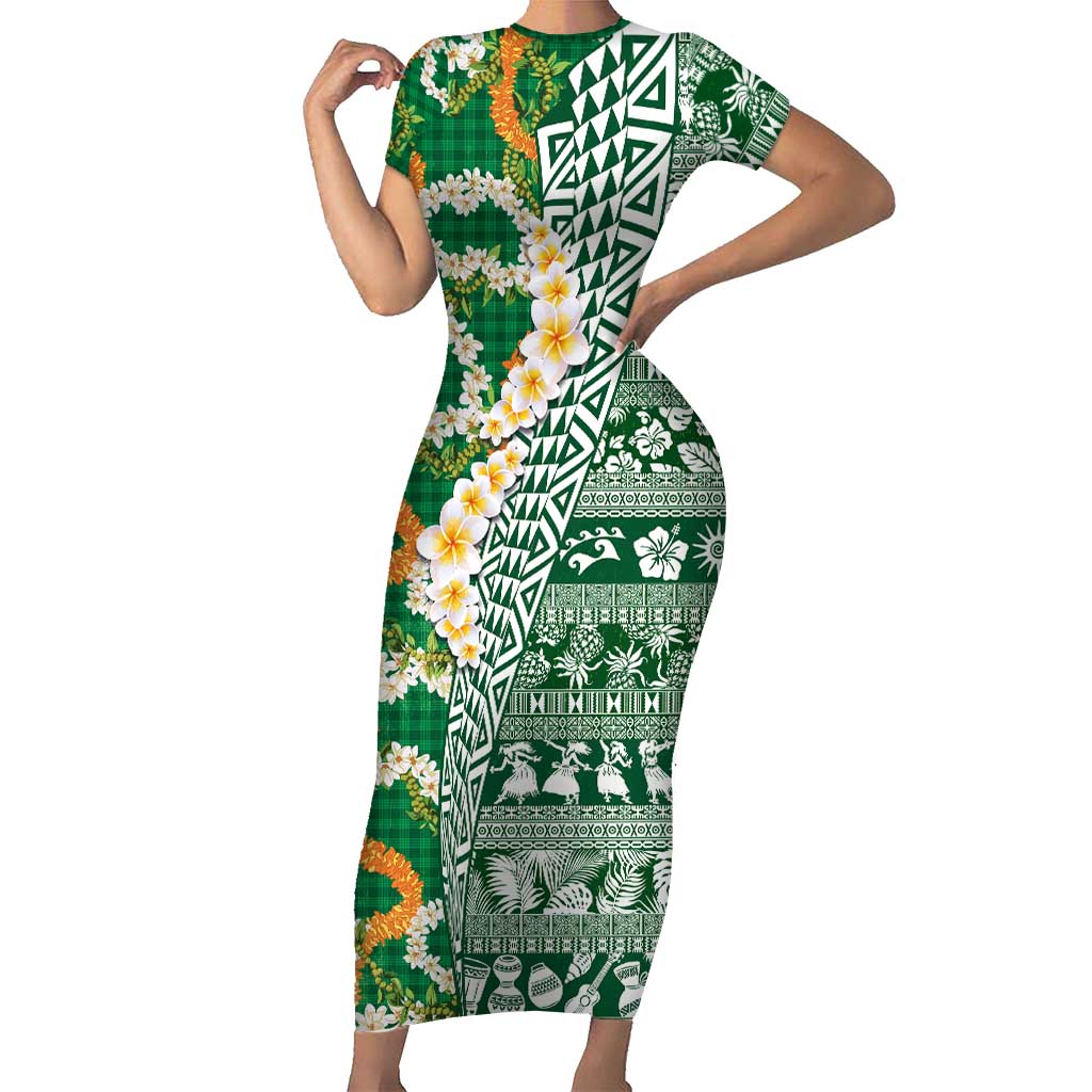 Hawaiian Plumeria Lei Short Sleeve Bodycon Dress Kakau Motifs and Palaka Half Style Green Color LT03 Long Dress Green - Polynesian Pride