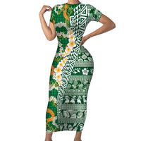 Hawaiian Plumeria Lei Short Sleeve Bodycon Dress Kakau Motifs and Palaka Half Style Green Color LT03 Long Dress Green - Polynesian Pride