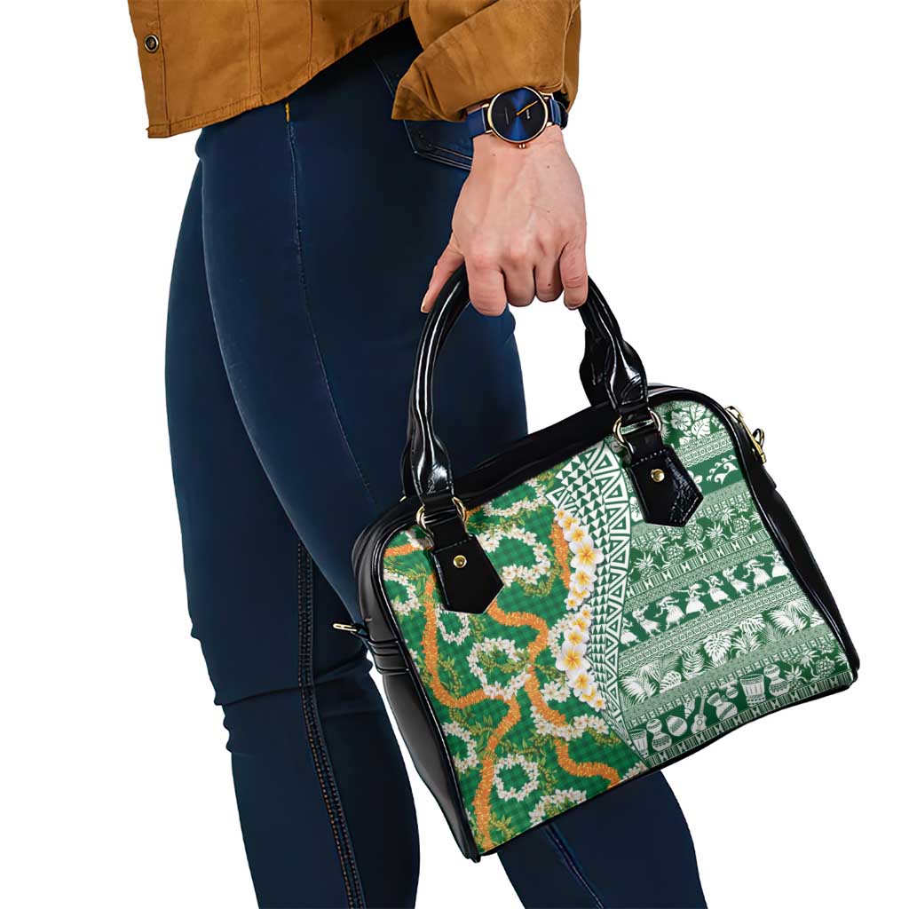 Hawaiian Plumeria Lei Shoulder Handbag Kakau Motifs and Palaka Half Style Green Color - Polynesian Pride