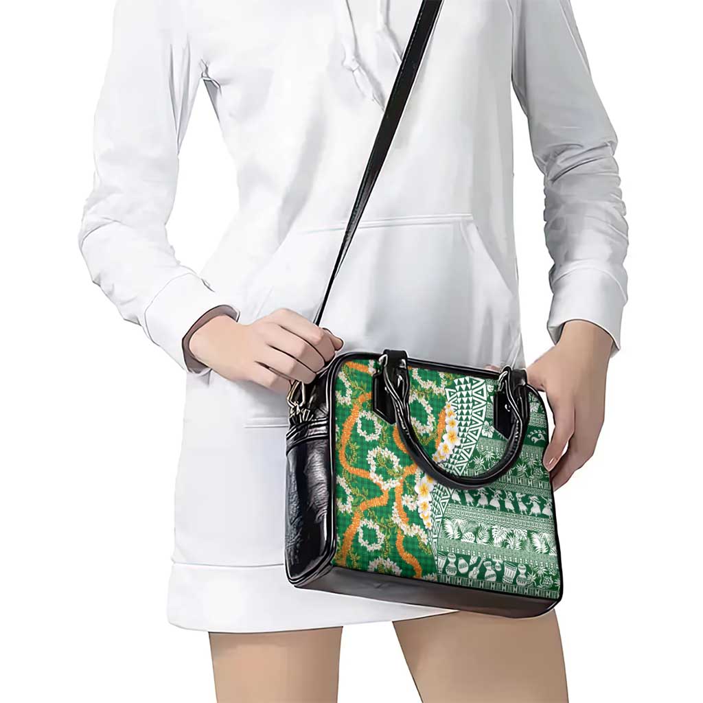 Hawaiian Plumeria Lei Shoulder Handbag Kakau Motifs and Palaka Half Style Green Color - Polynesian Pride