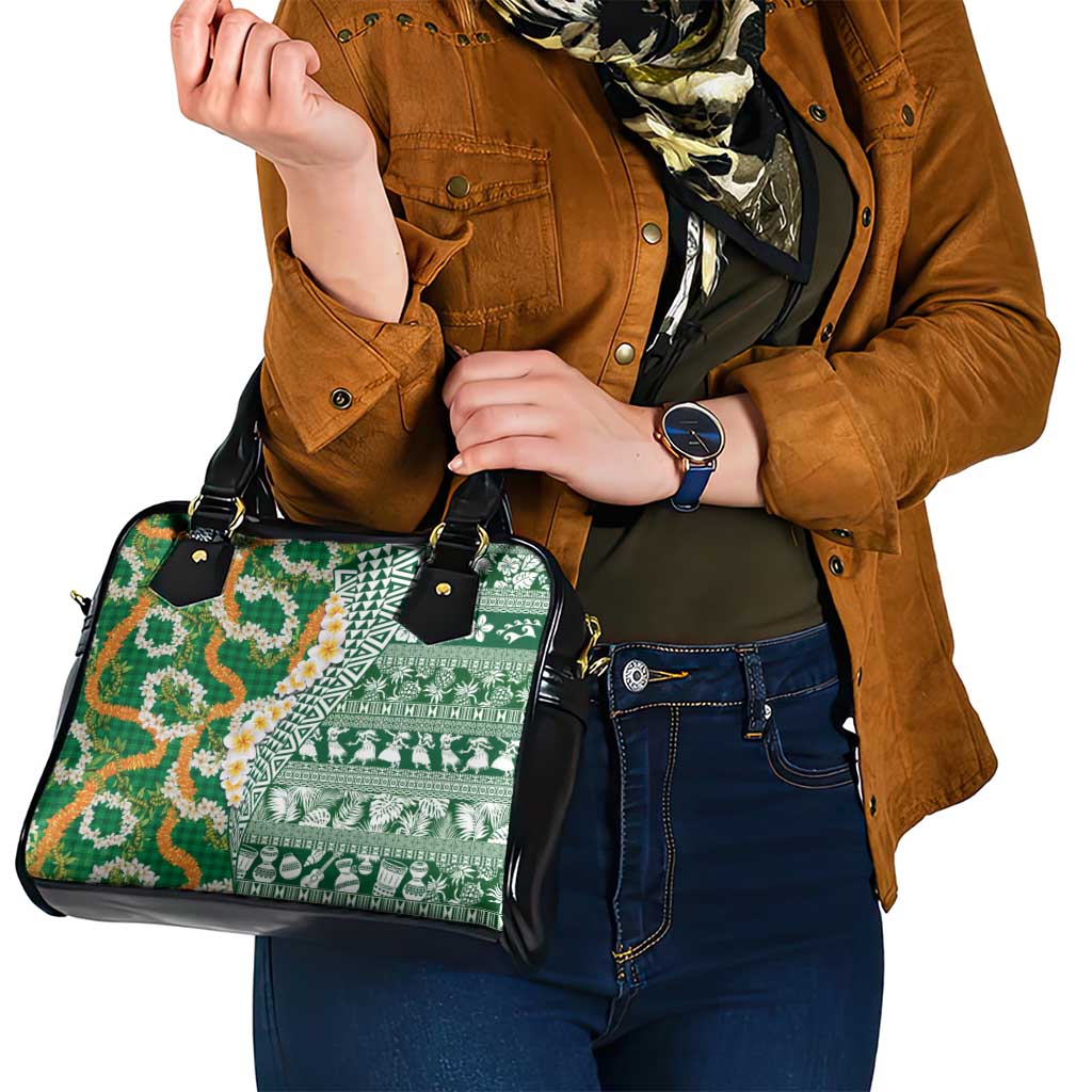 Hawaiian Plumeria Lei Shoulder Handbag Kakau Motifs and Palaka Half Style Green Color - Polynesian Pride