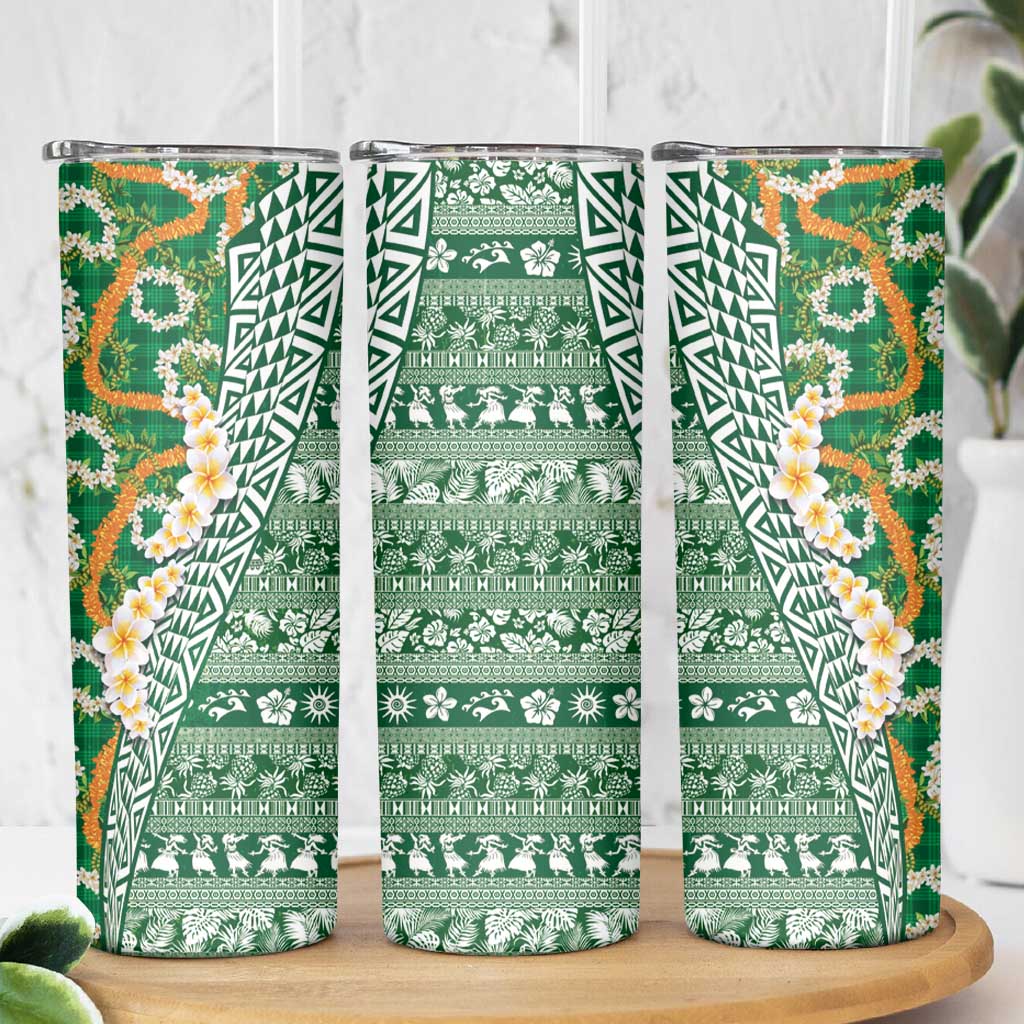 Hawaiian Plumeria Lei Skinny Tumbler Kakau Motifs and Palaka Half Style Green Color LT03 - Polynesian Pride
