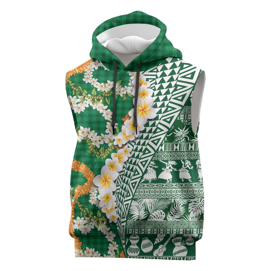 Hawaiian Plumeria Lei Sleeveless Hoodie Kakau Motifs and Palaka Half Style Green Color LT03 Green - Polynesian Pride