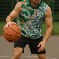 Hawaiian Plumeria Lei Sleeveless Hoodie Kakau Motifs and Palaka Half Style Green Color LT03 - Polynesian Pride