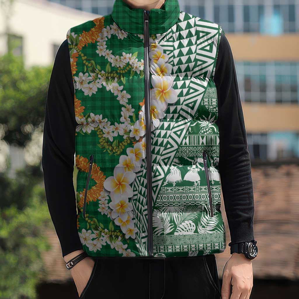 Hawaiian Plumeria Lei Sleeveless Puffer Jacket Kakau Motifs and Palaka Half Style Green Color - Polynesian Pride