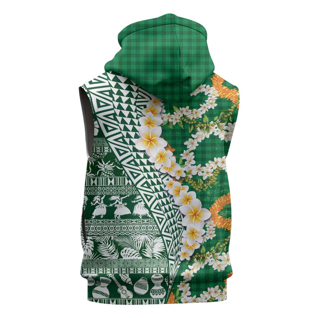 Hawaiian Plumeria Lei Sleeveless Zip Hoodie Kakau Motifs and Palaka Half Style Green Color LT03 - Polynesian Pride