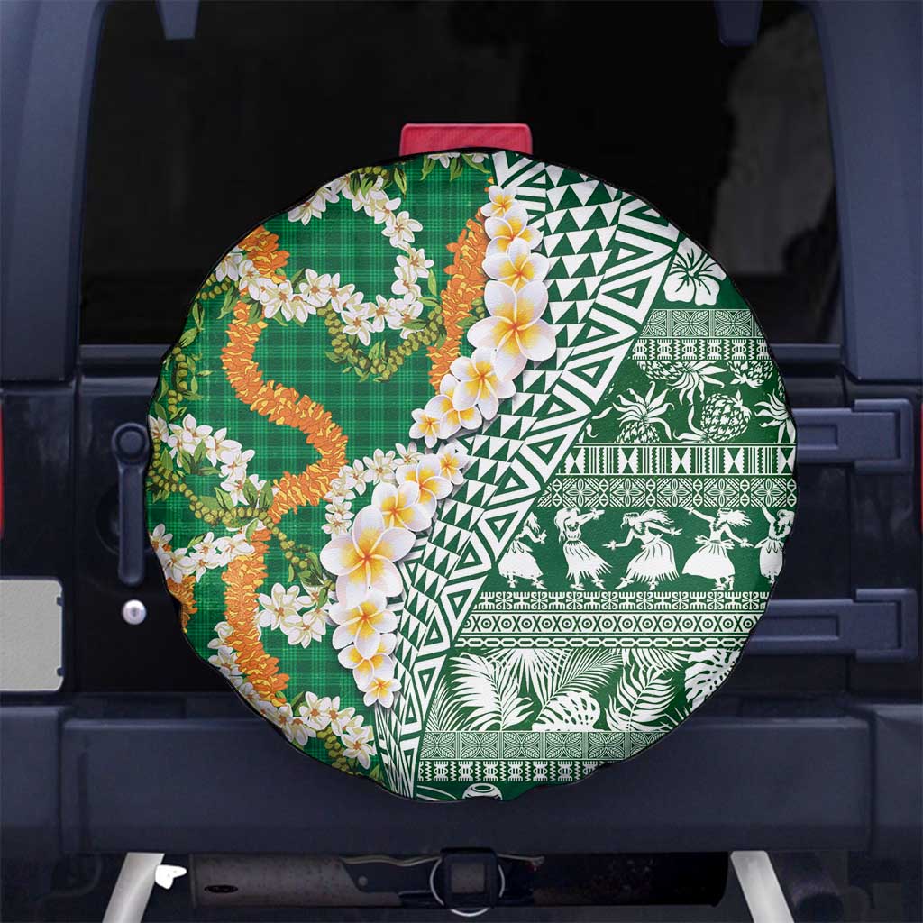 Hawaiian Plumeria Lei Spare Tire Cover Kakau Motifs and Palaka Half Style Green Color LT03 No hole Green - Polynesian Pride