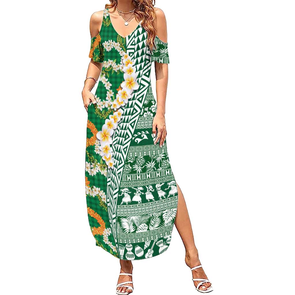 Hawaiian Plumeria Lei Summer Maxi Dress Kakau Motifs and Palaka Half Style Green Color LT03 Women Green - Polynesian Pride