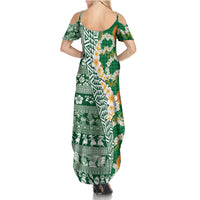 Hawaiian Plumeria Lei Summer Maxi Dress Kakau Motifs and Palaka Half Style Green Color LT03 - Polynesian Pride