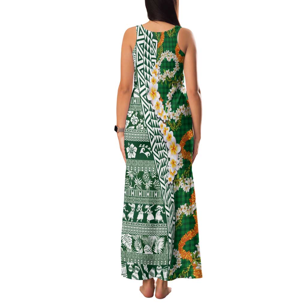 Hawaiian Plumeria Lei Tank Maxi Dress Kakau Motifs and Palaka Half Style Green Color LT03 - Polynesian Pride