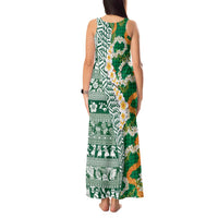 Hawaiian Plumeria Lei Tank Maxi Dress Kakau Motifs and Palaka Half Style Green Color LT03 - Polynesian Pride