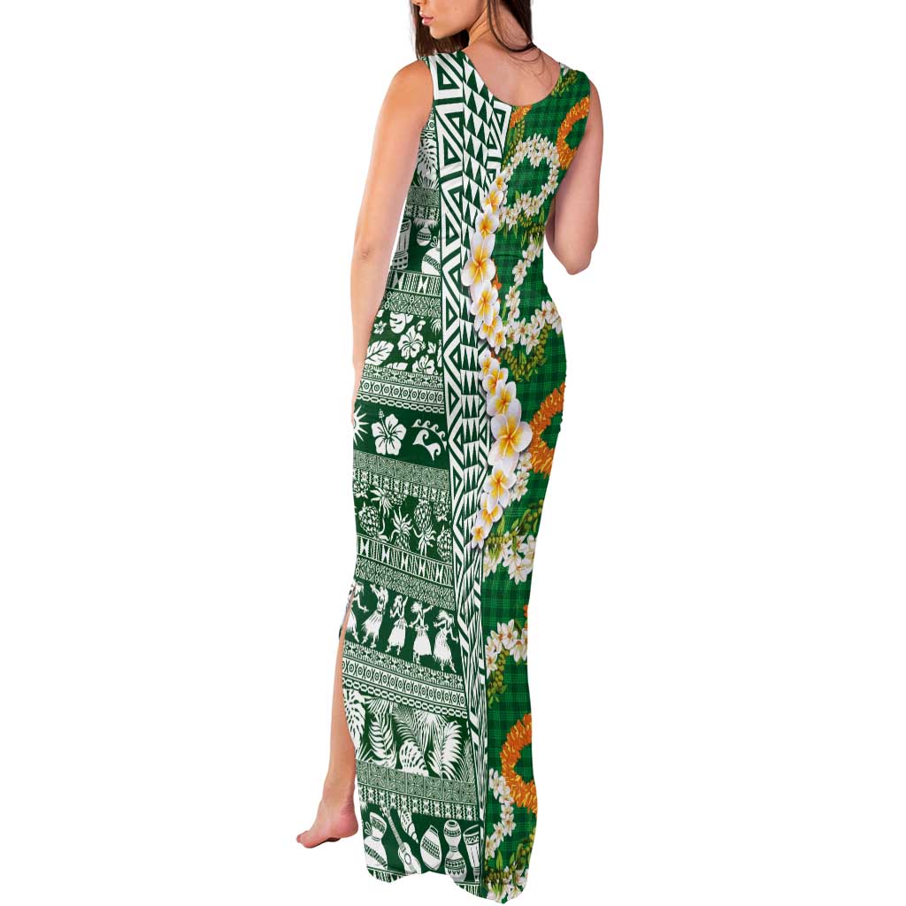 Hawaiian Plumeria Lei Tank Maxi Dress Kakau Motifs and Palaka Half Style Green Color LT03 - Polynesian Pride