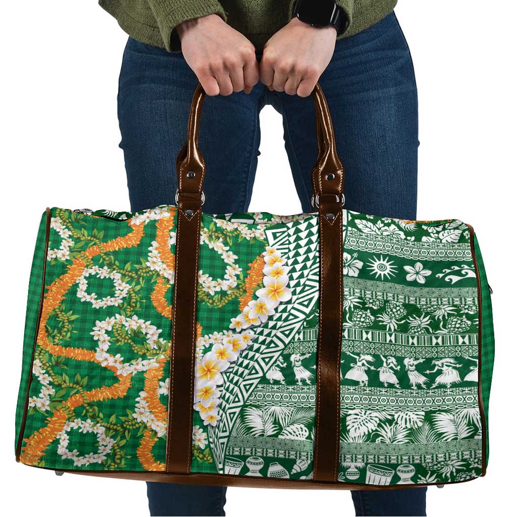 Hawaiian Plumeria Lei Travel Bag Kakau Motifs and Palaka Half Style Green Color LT03 Green - Polynesian Pride