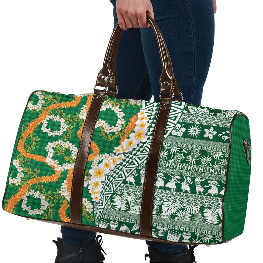 Hawaiian Plumeria Lei Travel Bag Kakau Motifs and Palaka Half Style Green Color LT03 - Polynesian Pride