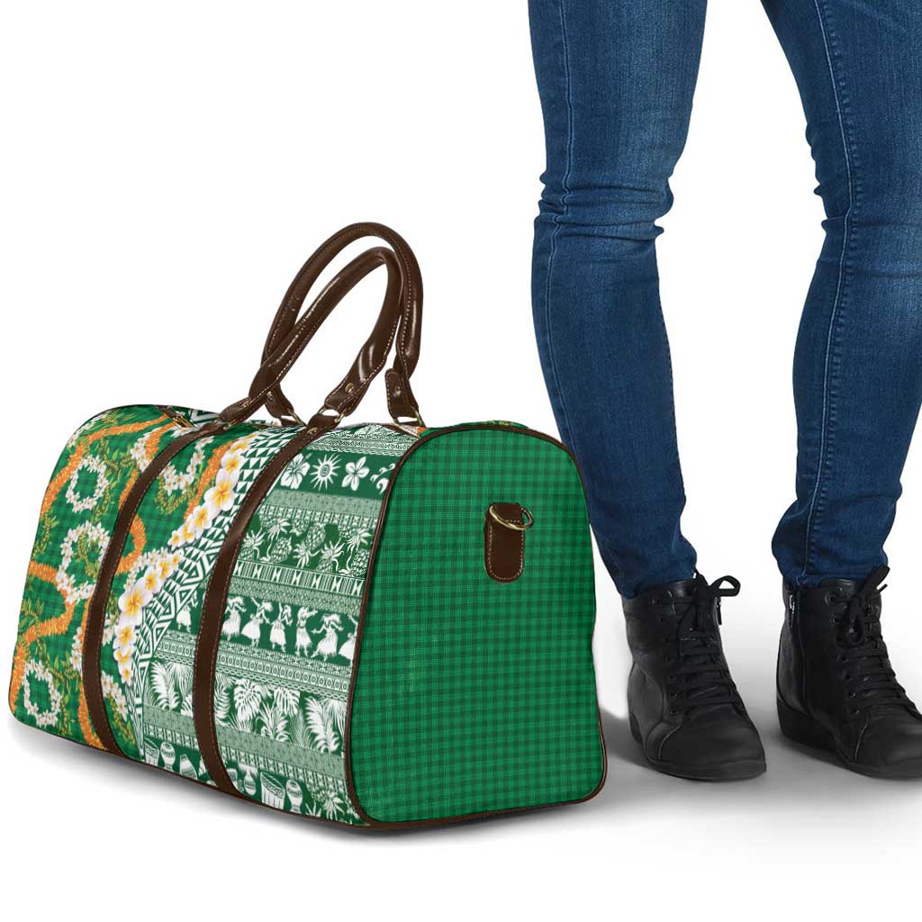 Hawaiian Plumeria Lei Travel Bag Kakau Motifs and Palaka Half Style Green Color LT03 - Polynesian Pride