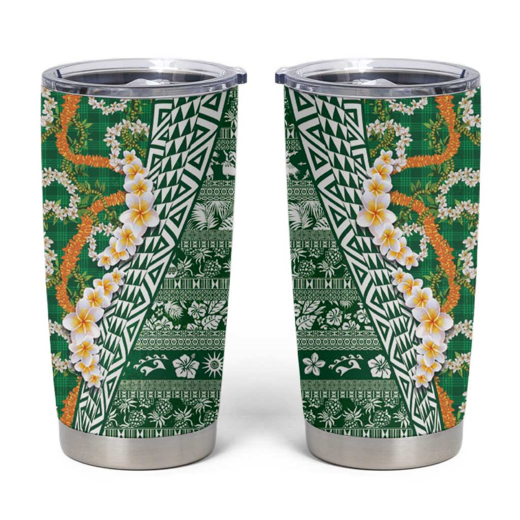 Hawaiian Plumeria Lei Tumbler Cup Kakau Motifs and Palaka Half Style Green Color LT03 Green - Polynesian Pride