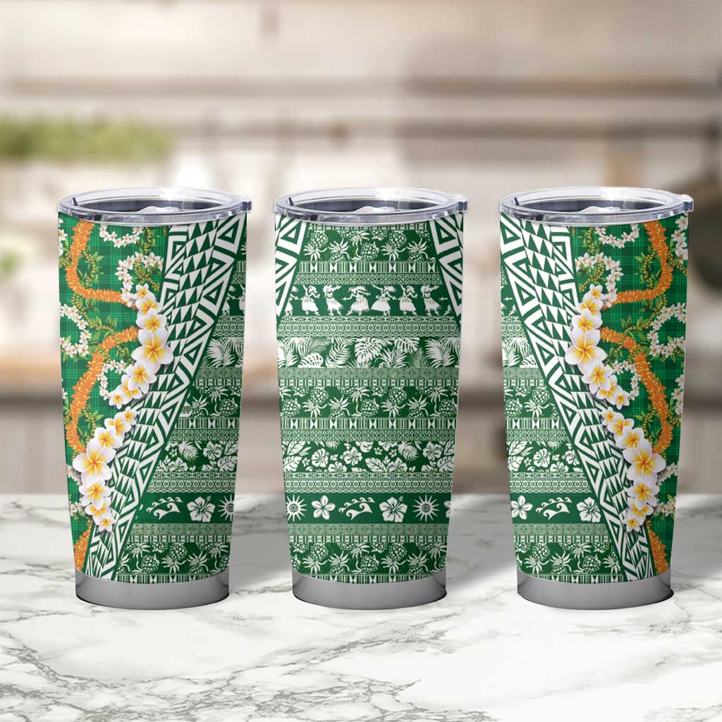 Hawaiian Plumeria Lei Tumbler Cup Kakau Motifs and Palaka Half Style Green Color LT03 - Polynesian Pride