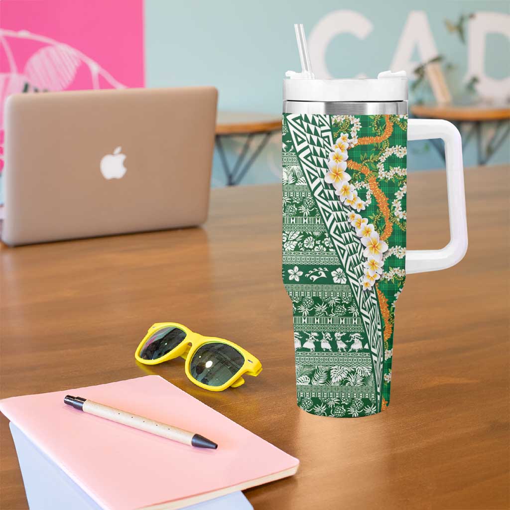 Hawaiian Plumeria Lei Tumbler With Handle Kakau Motifs and Palaka Half Style Green Color - Polynesian Pride