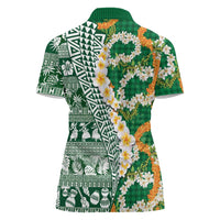Hawaiian Plumeria Lei Women Polo Shirt Kakau Motifs and Palaka Half Style Green Color LT03 - Polynesian Pride