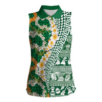 Hawaiian Plumeria Lei Women Sleeveless Polo Shirt Kakau Motifs and Palaka Half Style Green Color LT03 Female Green - Polynesian Pride