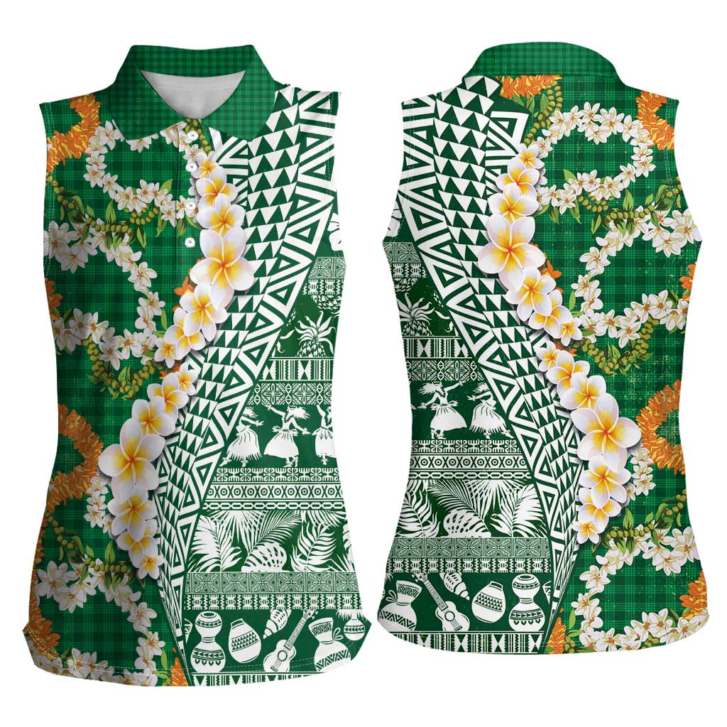 Hawaiian Plumeria Lei Women Sleeveless Polo Shirt Kakau Motifs and Palaka Half Style Green Color LT03 - Polynesian Pride