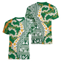 Hawaiian Plumeria Lei Women V-Neck T-Shirt Kakau Motifs and Palaka Half Style Green Color LT03 - Polynesian Pride