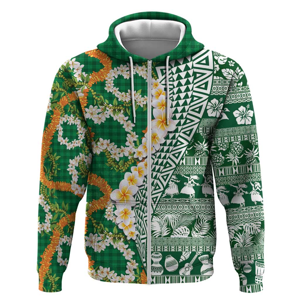 Hawaiian Plumeria Lei Zip Hoodie Kakau Motifs and Palaka Half Style Green Color LT03 Zip Hoodie Green - Polynesian Pride