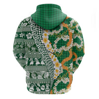 Hawaiian Plumeria Lei Zip Hoodie Kakau Motifs and Palaka Half Style Green Color LT03 - Polynesian Pride