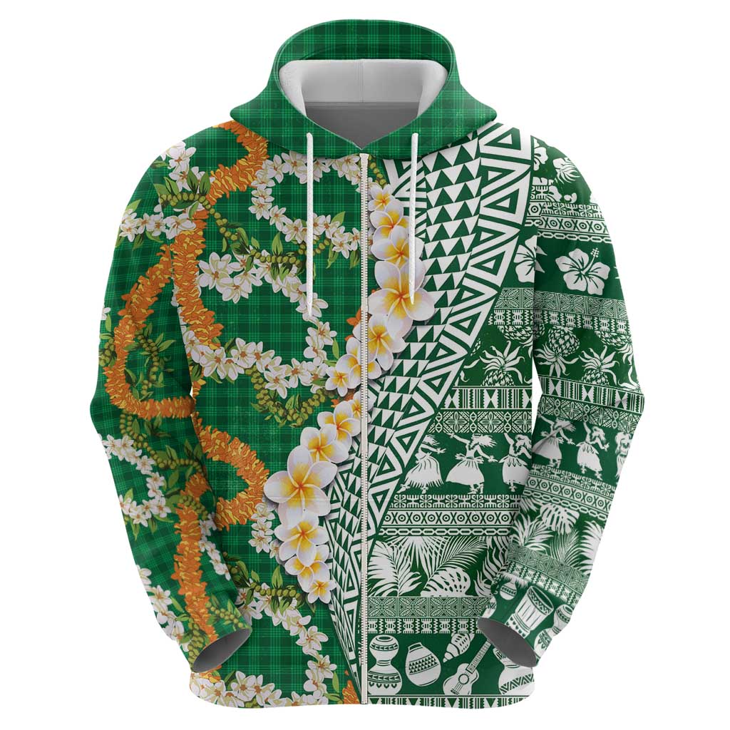 Hawaiian Plumeria Lei Zip Hoodie Kakau Motifs and Palaka Half Style Green Color LT03 - Polynesian Pride