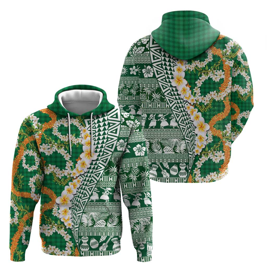 Hawaiian Plumeria Lei Zip Hoodie Kakau Motifs and Palaka Half Style Green Color LT03 - Polynesian Pride