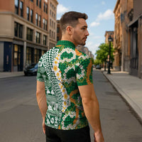 Hawaiian Plumeria Lei Zipper Polo Shirt Kakau Motifs and Palaka Half Style Green Color LT03 - Polynesian Pride