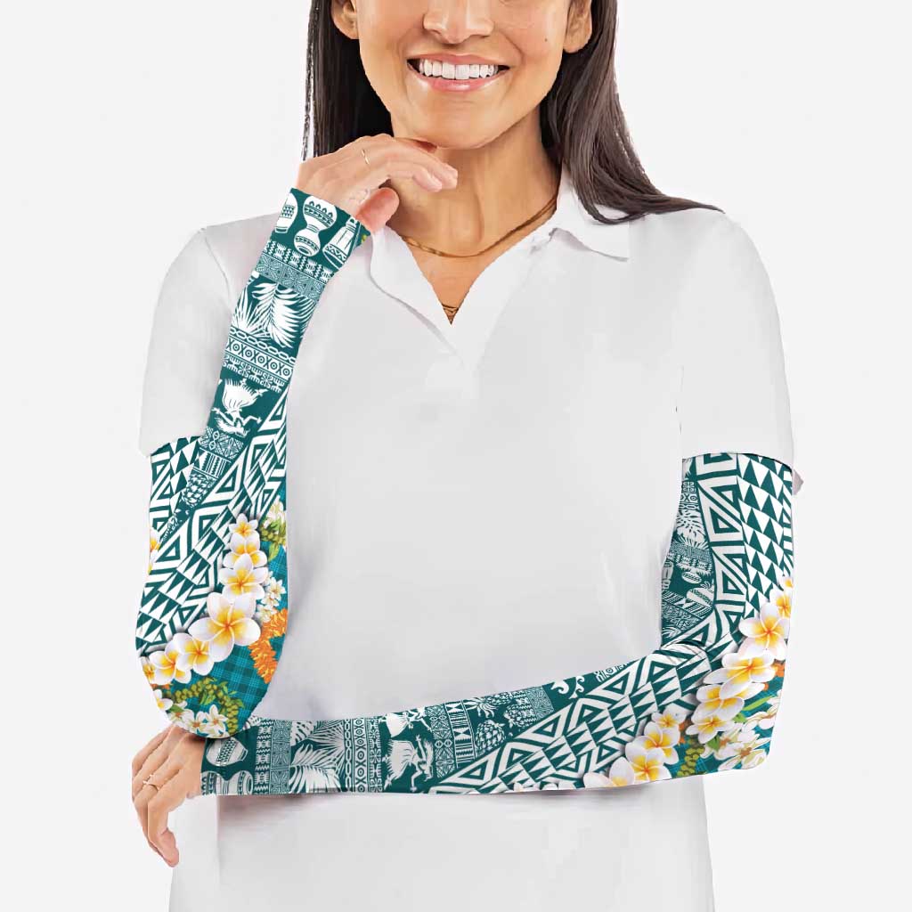 Hawaiian Plumeria Lei Arm Sleeves Kakau Motifs and Palaka Half Style Turquoise Color - Polynesian Pride