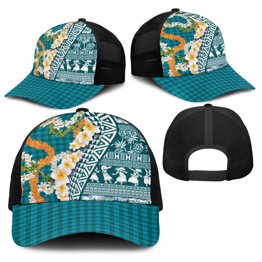 Hawaiian Plumeria Lei Baseball Net Cap Kakau Motifs and Palaka Half Style Turquoise Color - Polynesian Pride