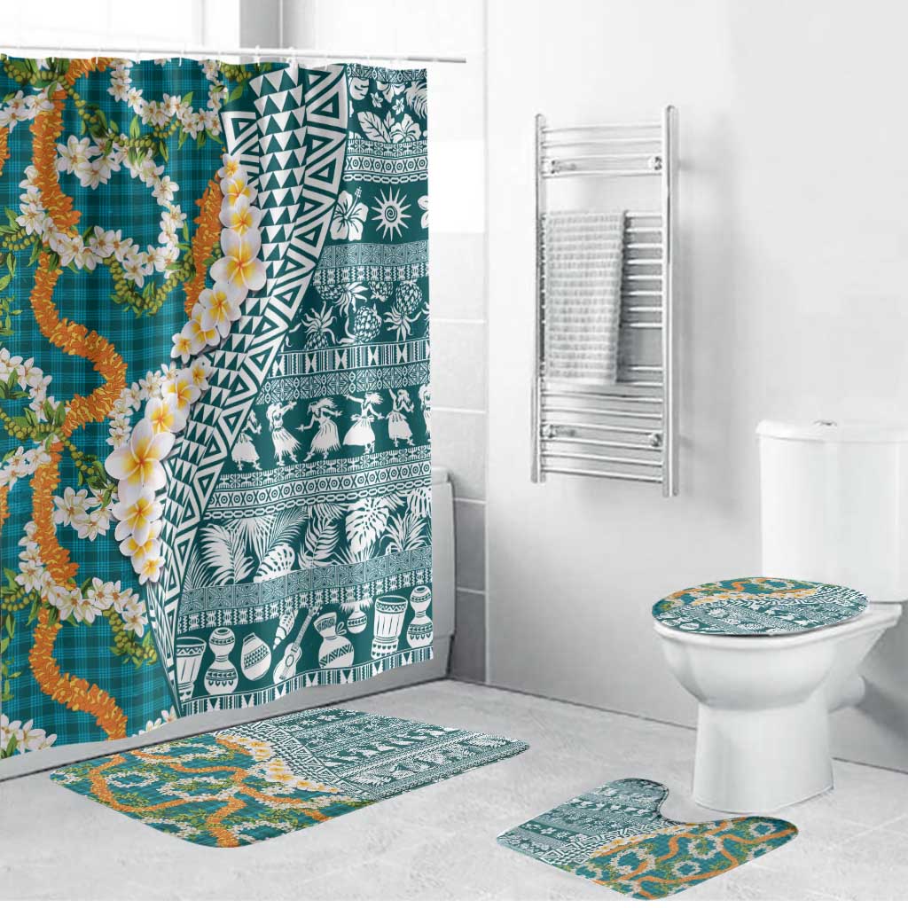 Hawaiian Plumeria Lei Bathroom Set Kakau Motifs and Palaka Half Style Turquoise Color - Polynesian Pride