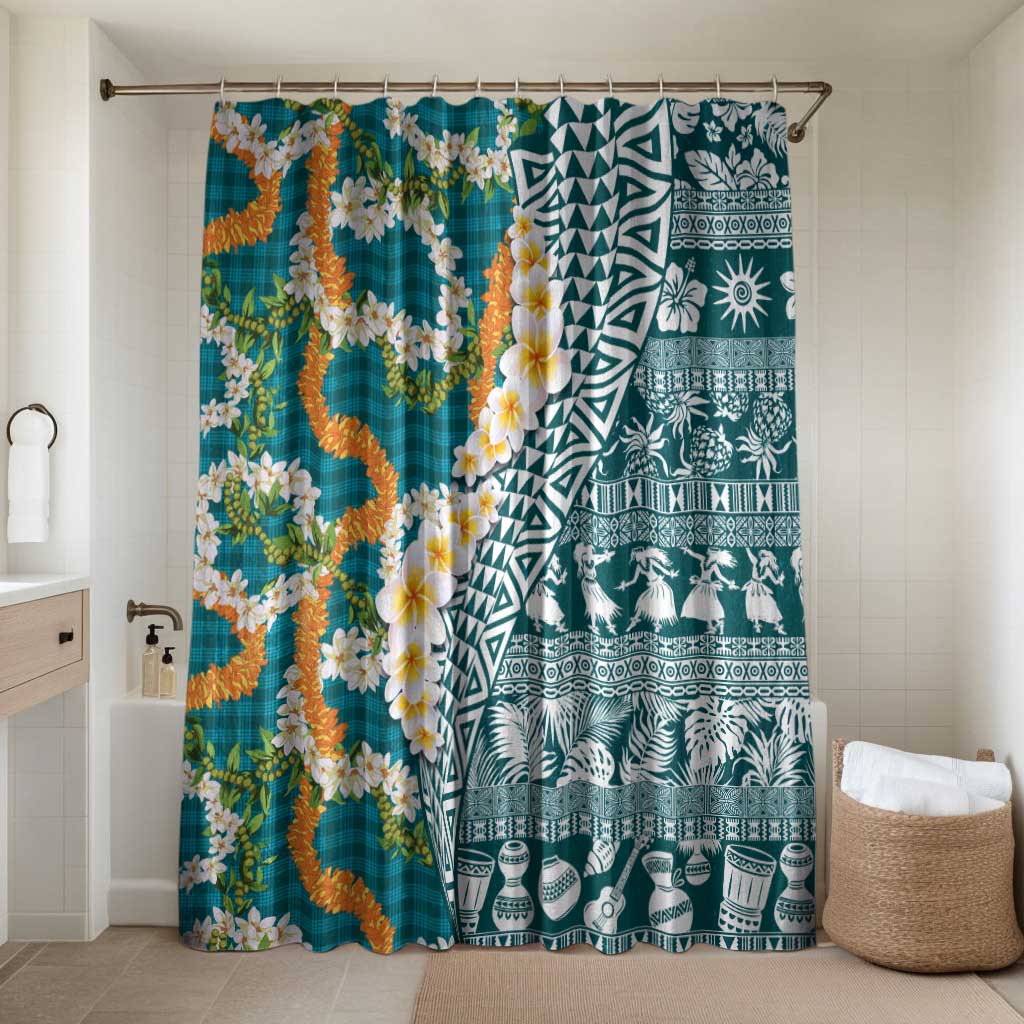 Hawaiian Plumeria Lei Bathroom Set Kakau Motifs and Palaka Half Style Turquoise Color - Polynesian Pride