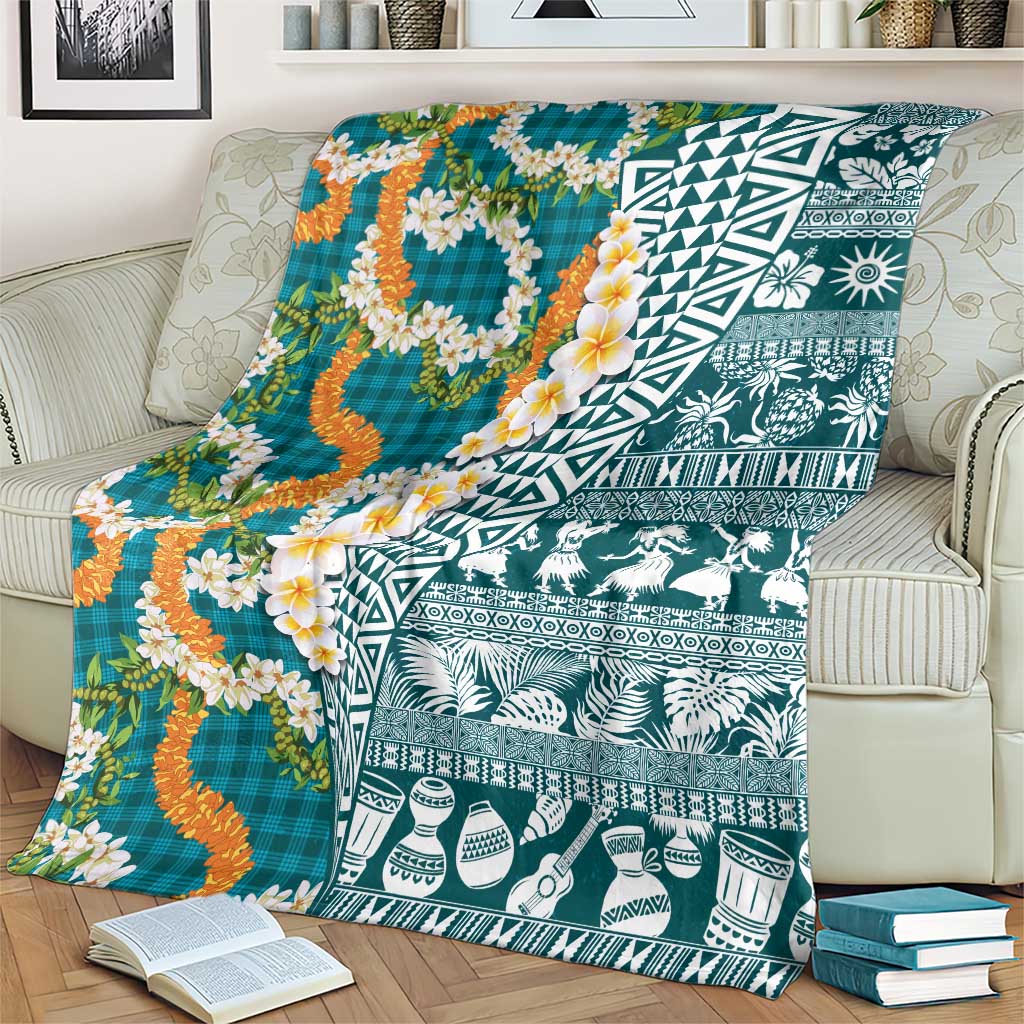 Hawaiian Plumeria Lei Blanket Kakau Motifs and Palaka Half Style Turquoise Color - Polynesian Pride