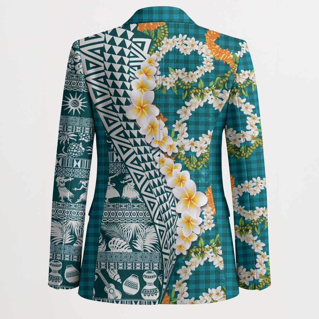 Hawaiian Plumeria Lei Blazer Kakau Motifs and Palaka Half Style Turquoise Color - Polynesian Pride