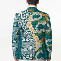 Hawaiian Plumeria Lei Blazer Kakau Motifs and Palaka Half Style Turquoise Color - Polynesian Pride