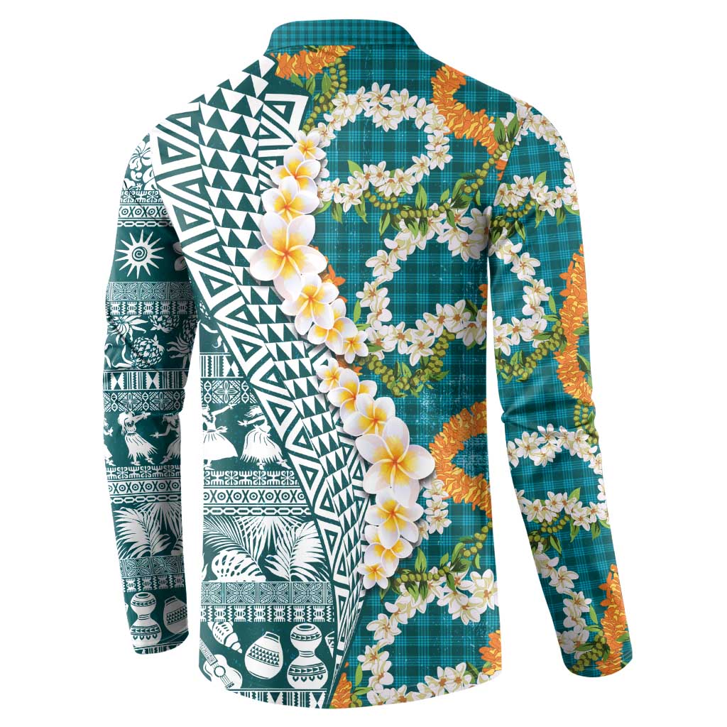 Hawaiian Plumeria Lei Button Sweatshirt Kakau Motifs and Palaka Half Style Turquoise Color - Polynesian Pride