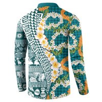 Hawaiian Plumeria Lei Button Sweatshirt Kakau Motifs and Palaka Half Style Turquoise Color - Polynesian Pride