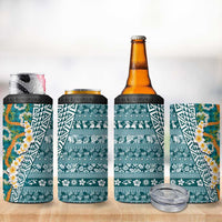 Hawaiian Plumeria Lei 4 in 1 Can Cooler Tumbler Kakau Motifs and Palaka Half Style Turquoise Color LT03 - Polynesian Pride