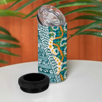 Hawaiian Plumeria Lei 4 in 1 Can Cooler Tumbler Kakau Motifs and Palaka Half Style Turquoise Color LT03 - Polynesian Pride