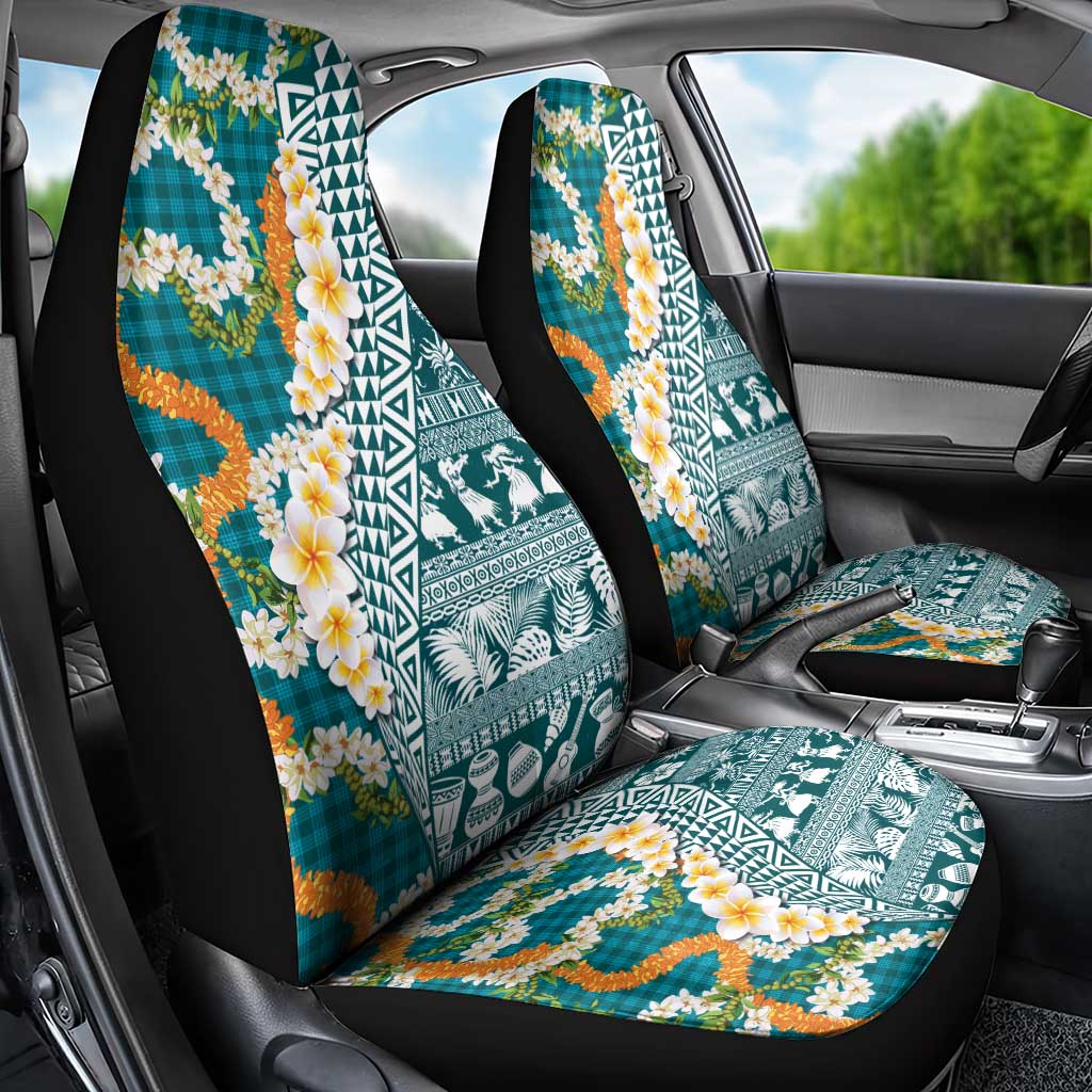 Hawaiian Plumeria Lei Car Seat Cover Kakau Motifs and Palaka Half Style Turquoise Color LT03 - Polynesian Pride