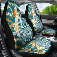 Hawaiian Plumeria Lei Car Seat Cover Kakau Motifs and Palaka Half Style Turquoise Color LT03 - Polynesian Pride