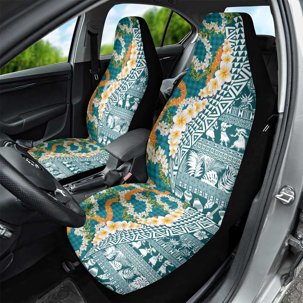 Hawaiian Plumeria Lei Car Seat Cover Kakau Motifs and Palaka Half Style Turquoise Color LT03 - Polynesian Pride