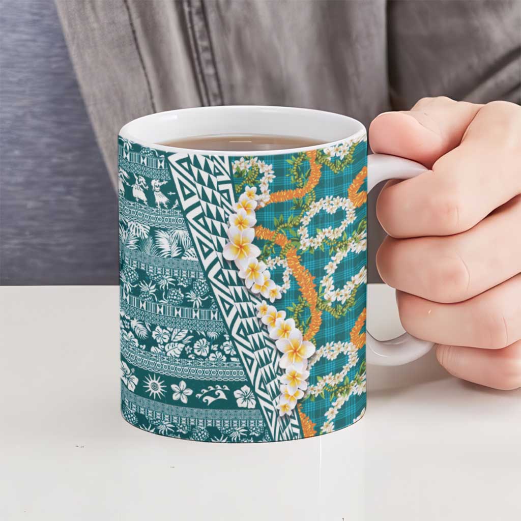 Hawaiian Plumeria Lei Ceramic Mug Kakau Motifs and Palaka Half Style Turquoise Color - Polynesian Pride