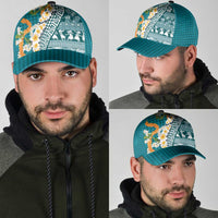 Hawaiian Plumeria Lei Classic Cap Kakau Motifs and Palaka Half Style Turquoise Color - Polynesian Pride
