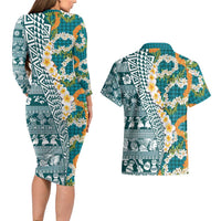 Hawaiian Plumeria Lei Couples Matching Long Sleeve Bodycon Dress and Hawaiian Shirt Kakau Motifs and Palaka Half Style Turquoise Color LT03 - Polynesian Pride