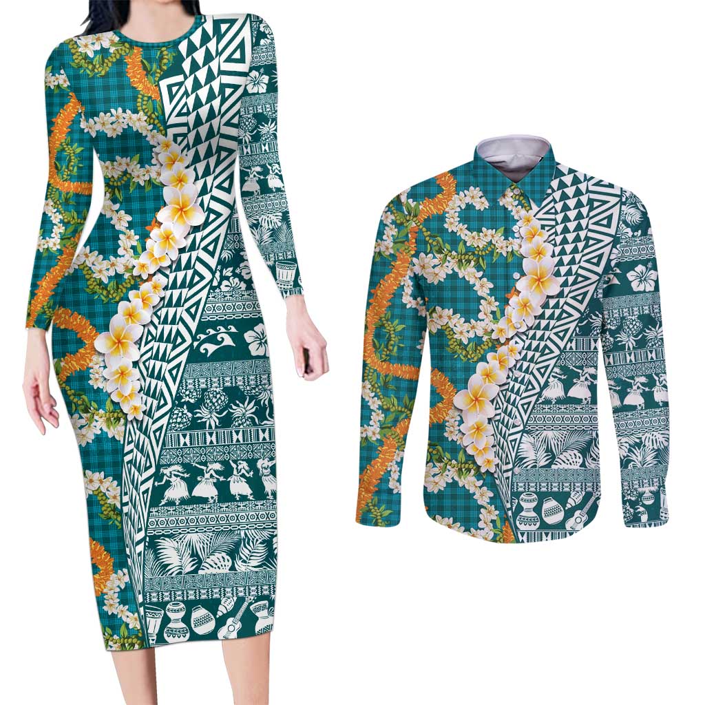 Hawaiian Plumeria Lei Couples Matching Long Sleeve Bodycon Dress and Long Sleeve Button Shirt Kakau Motifs and Palaka Half Style Turquoise Color LT03 Turquoise - Polynesian Pride