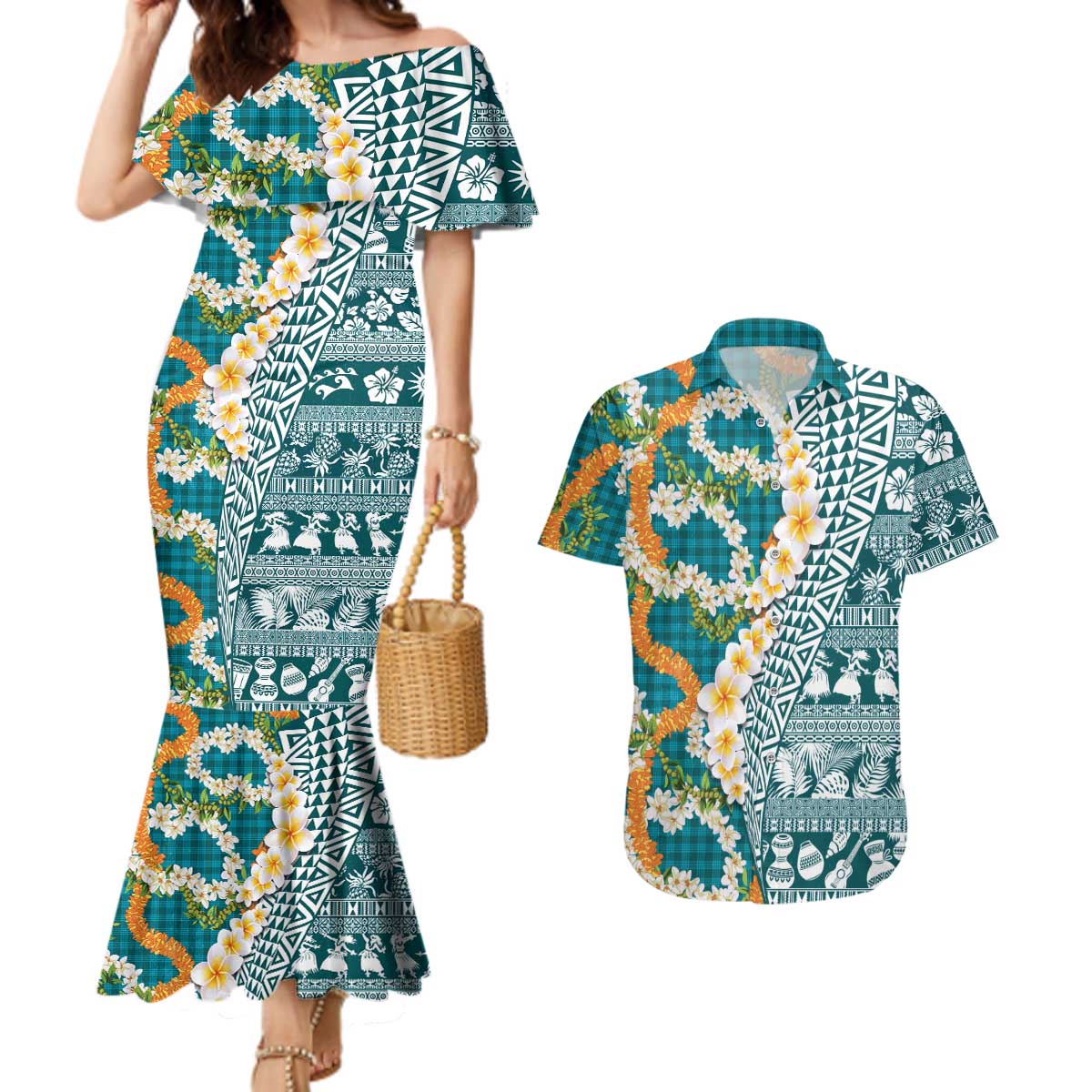 Hawaiian Plumeria Lei Couples Matching Mermaid Dress and Hawaiian Shirt Kakau Motifs and Palaka Half Style Turquoise Color LT03 Turquoise - Polynesian Pride